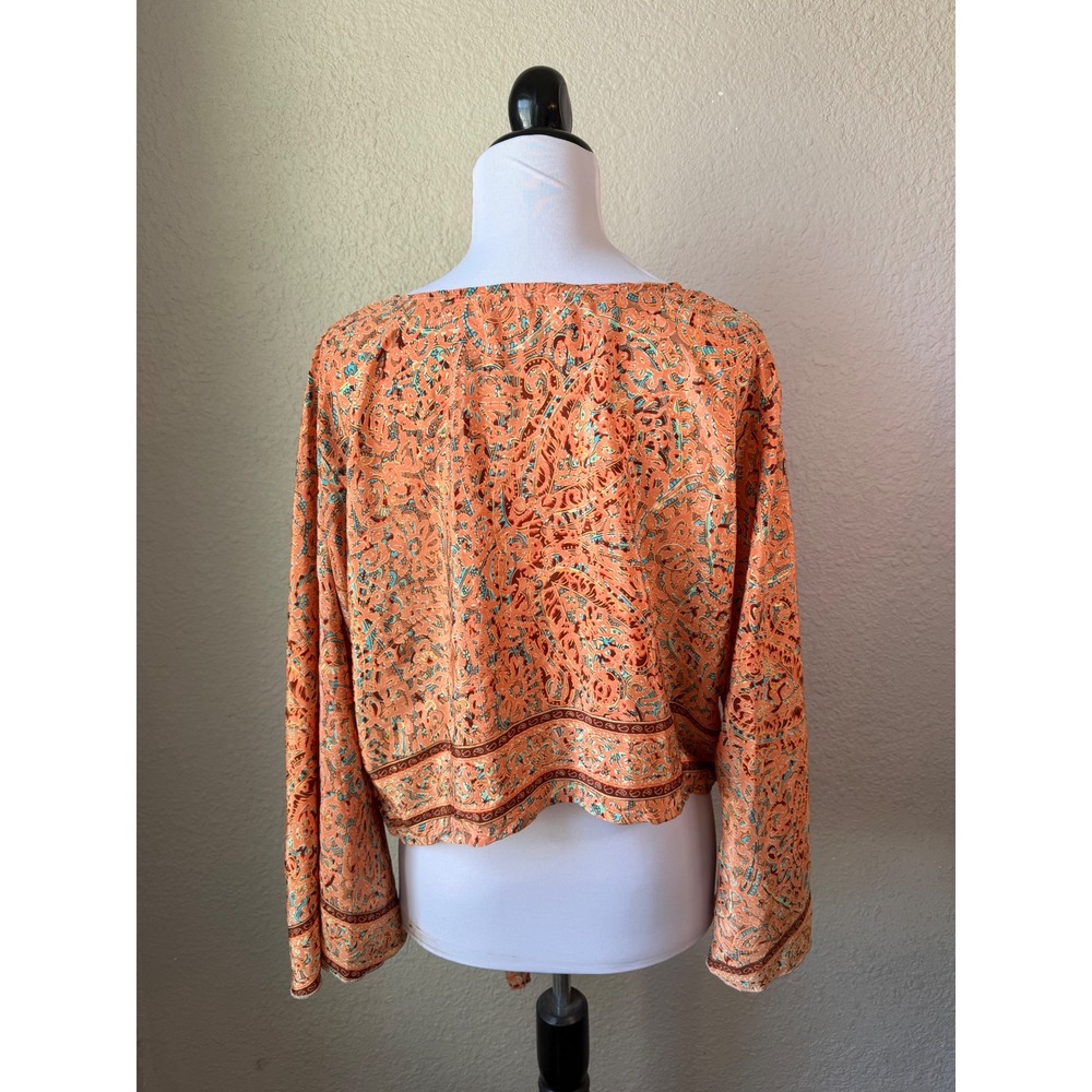 Bigg Bull Orange Paisley Silk Blend Tie Front Bell Sleeve Crop Top Boho Festival - Picture 3 of 6